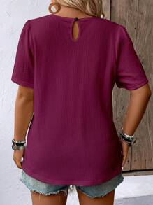 EMERY ROSE Plus Size Casual Solid Color Pleated Puff Sleeve Shirt For New Year Clothes - Red - View 2