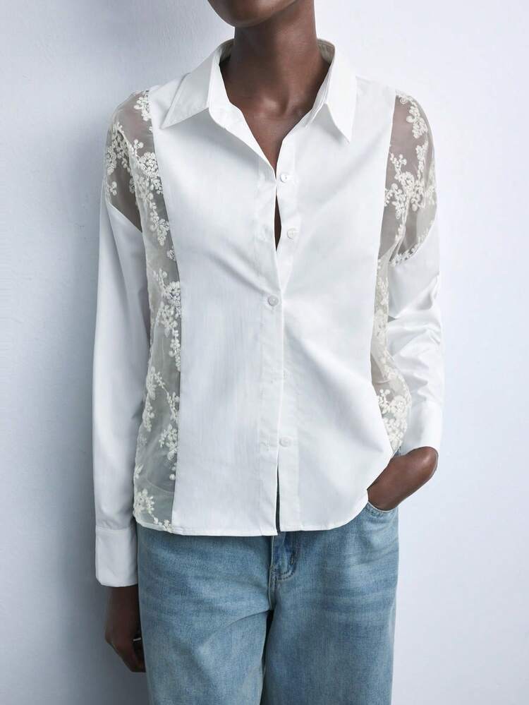 SHEIN Maija 秋冬新作 上品 都会的 モダンな レディース レースパッチワーク 白 織りシャツ、パーティーやフェスに適しています