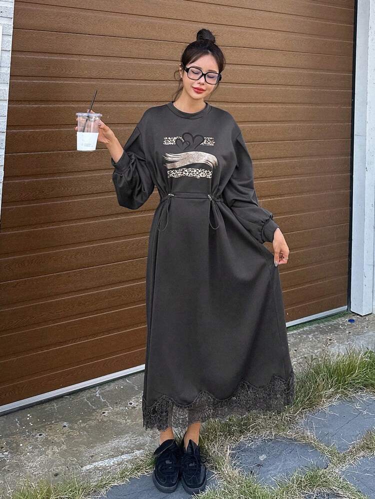 Women's Loose Waisted Printed Sweatshirt Dress,Fall Clothes Long Sleeve  DressDAZY