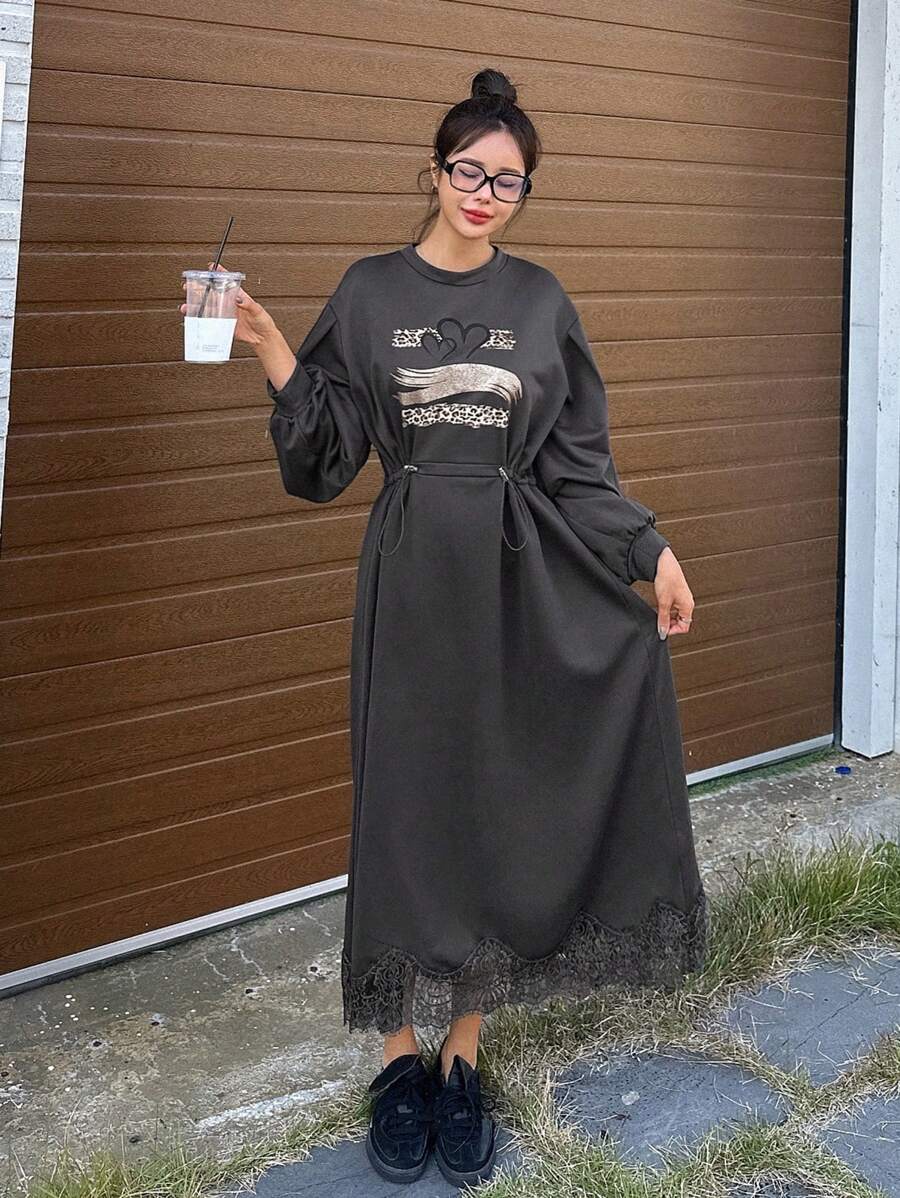 DAZY Women's Loose Waisted Printed Sweatshirt Dress,Fall Clothes Long Sleeve Dress - Grey - View 1