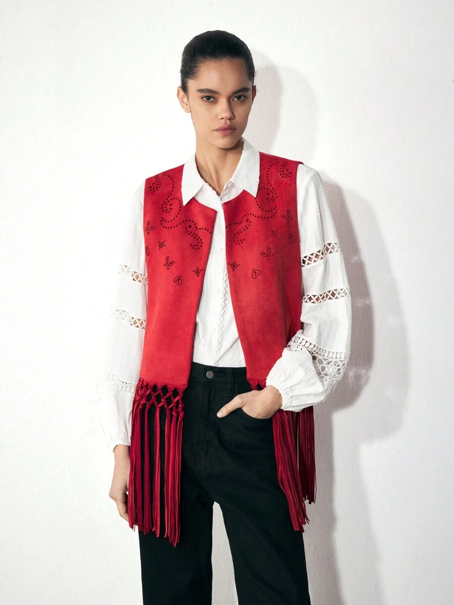 Maija Autumn Bohemian Red Hollow Crafted Western-Style Vintage Handmade Tasseled Hem Hollow Vest Jacket For Women - Red - View 1