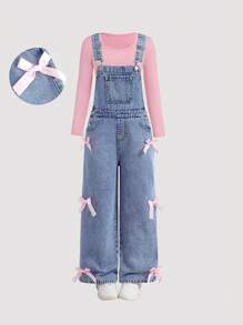 SHEIN Girlism Tween 女童 Y2K 时尚休闲石洗蝴蝶结装饰口袋牛仔工装裤（不含背心），Tween 女童返校服装 - 中等水洗藍 - 查看 1