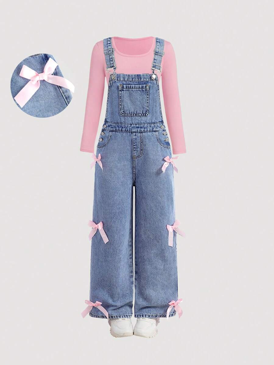 SHEIN Girlism Tween 女童 Y2K 时尚休闲石洗蝴蝶结装饰口袋牛仔工装裤(不含背心),Tween 女童返校服装 - 中等水洗藍 - 查看 1