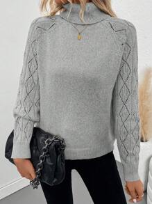 EMERY ROSE Autumn/Winter New Elegant Casual Crochet Pattern High Collar Pullover Sweater With Openwork Shoulder Knit Pullover Fall Outfit - Grey - View 3