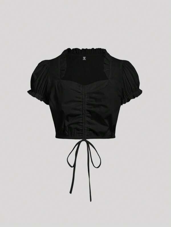 SHEIN MOD Plus Size Women's Romantic Vintage Style Sweetheart Neck Frill Trim Puff Sleeve Front Drawstring Gathered Blouse