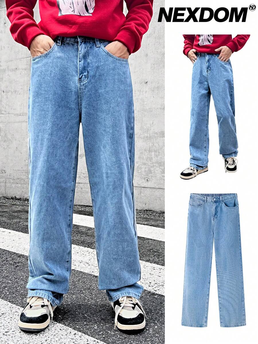 SHEIN Leap Crew Teenage Boys' Regular Fit Straight Leg Loose Denim Jeans - Blue - View 1