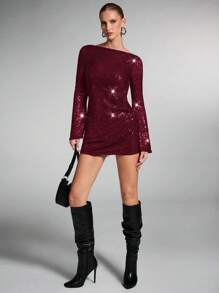 SHEIN BAE Women's Backless Shiny Sequin Mini Dress,Burgundy,Autumn,70s,Night Out,Party Gorgeous Long Bell Sleeve Homecoming Disco Club Wear Halloween - Burgundy - View 4