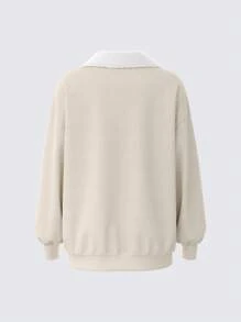 SHEIN BASICS 女士休闲纯色编织领长袖宽松保暖内衬保暖运动衫，日常通勤，温暖舒适，保暖护理 - 杏色 - 查看 2