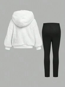 2 件套年轻女孩和年轻女孩双面羊毛连帽衫和紧身裤套装，适合日常休闲穿着 - 黑與白 - 查看 2