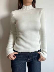 SHEIN BASICS 休闲纯色高领长袖修身常规针织毛衣 - 白色 - 查看 5