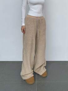 SHEIN BASICS 休闲纯色针织双面绒高腰阔腿宽松保暖女裤 - 卡其色 - 查看 5