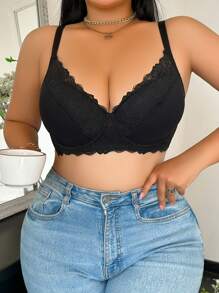Große Größen volldecker drahtgeformter Lingerie BH, Lässig Stil mit Spitzen Dekoration, Komfort für den täglichen Gebrauch - Schwarz - Übersicht 1