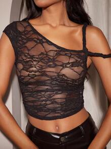 Hauture Women's Asymmetric Collar Contrast Lace Splice Sheer Sexy Top - Black - View 7