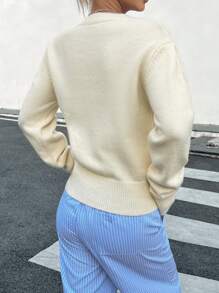 INAWLY Áo len dệt kim cổ tròn thả vai họa tiết gấu hoạt hình thường ngày cho nữ, mùa thu/đông - Màu be - Xem 2