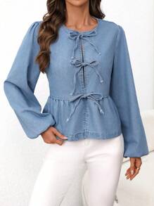 SHEIN Essnce 1 件女士休闲日常前系带灯笼袖牛仔衬衫，秋季