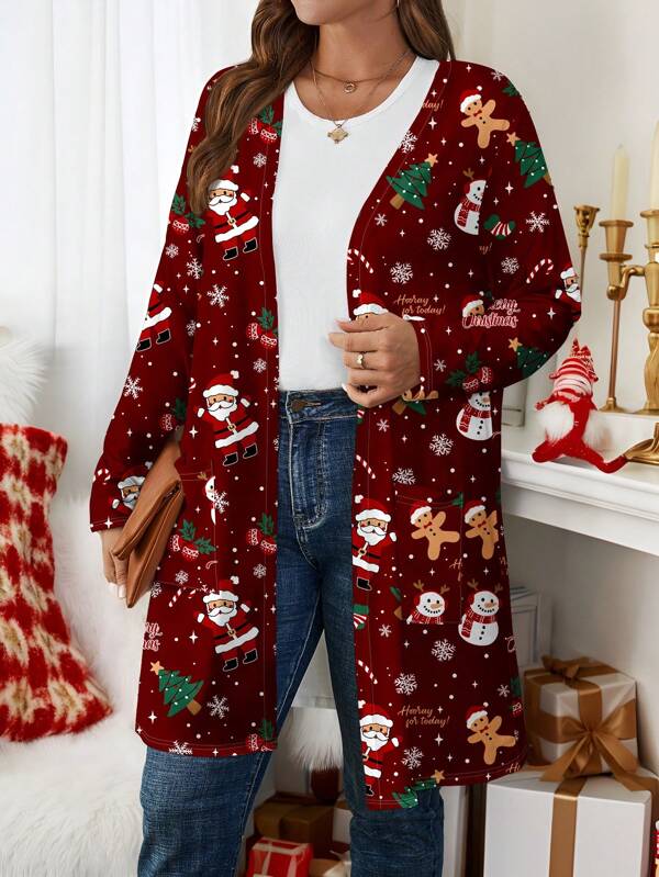 EMERY ROSE Christmas Casual Gingerbread, Snowflake, Santa Claus Graphic Loose Fit Long Sleeve Cardigan Outerwear For Plus Size Women, Spring/Autumn