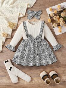 3pcs/Set Baju Bayi Perempuan Motif Bunga Menggemaskan dengan Pita, Kaos Kaki, dan Bando untuk Musim Gugur/Dingin - MultiWarna - View 1