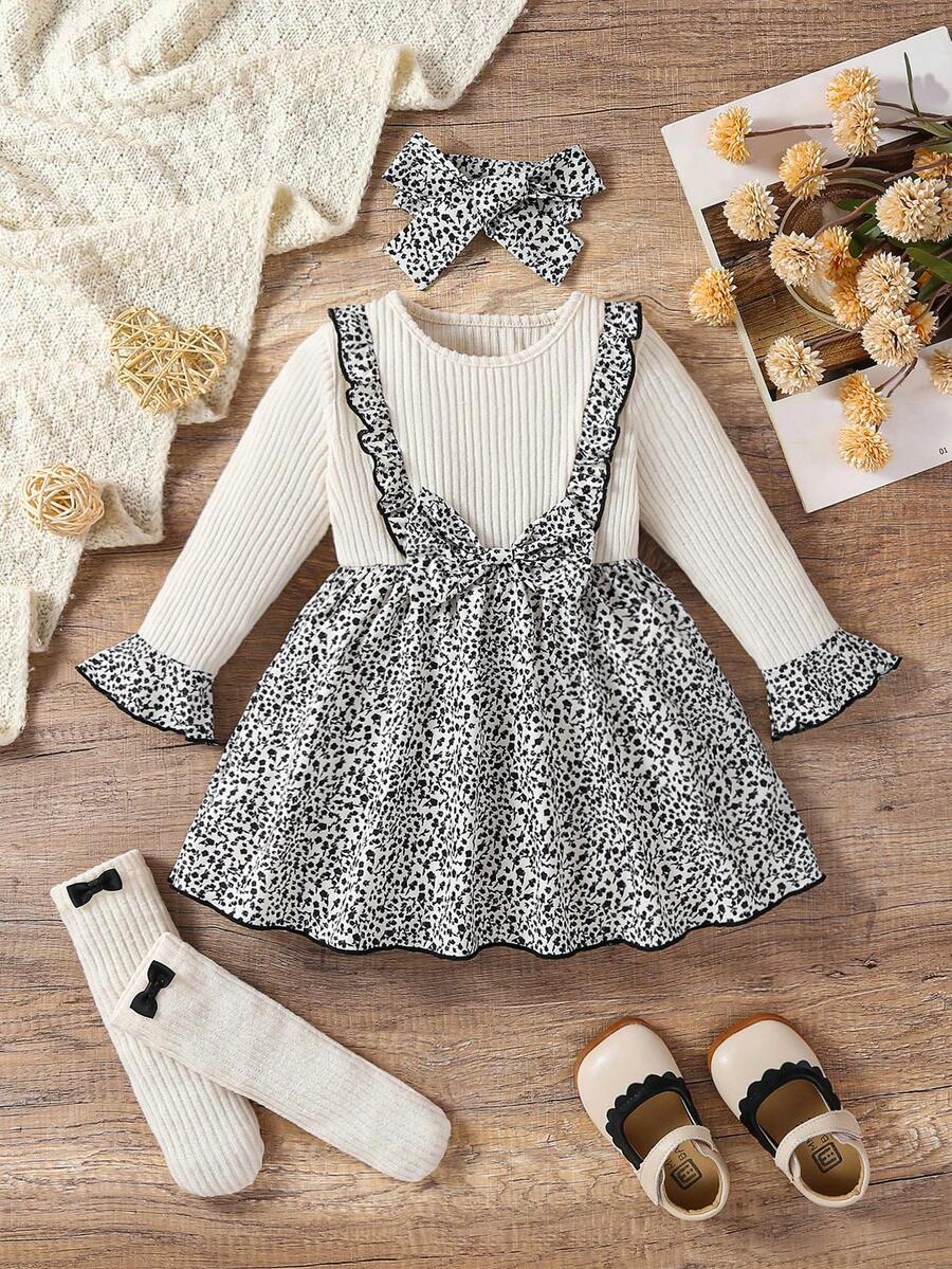 3pcs/Set Baju Bayi Perempuan Motif Bunga Menggemaskan dengan Pita, Kaos Kaki, dan Bando untuk Musim Gugur/Dingin - MultiWarna - View 1