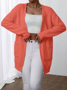 Chiquease 1 pieza Cárdigan de mujer de unicolor de manga larga con bolsillos, blusa casual minimalista - Naranja - Ver 3