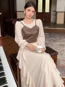 DAZY 2pcs/Set Women's Solid Color Spaghetti Strap Simple PU Blouse And Round Neck Long Sleeve Ruffle Hem Simple Dress, Autumn/Winter ,New Year Eve,Fall Women Clothes - Khaki - View 2