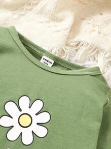 女婴花卉和字母印花长袖 T 恤和松紧腰直筒牛仔裤套装，春/秋