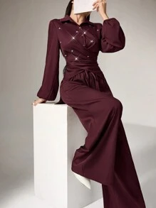 Modelyn 2pcs Women's Solid Color Front Button Crystal Decor Pleated Crossover Wrap Long Sleeve Top And Pants Elegant Set 2 Pieces Set