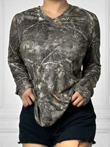 INAWLY 女款树枝印花 V 领长袖休闲 T 恤，秋季 - 軍綠色 - 查看 1