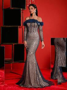 Glamrae Elegancka sukienka z odkrytymi ramionami, dekoltem 3D, miseczkami na biust, usztywniana talią i ściągaczem w kształcie rybiego ogona, odpowiednia na wesela, imprezy, ukończenia szkoły, bale maturalne, nieformalne wieczorne wydarzenia, sukienka dla gości weselnych, sukienka na imprezę, suknia - Granatowy - Zobacz 4