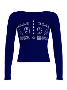 INAWLY Áo thun nữ cổ tròn in chữ cài nút phía trước, tay dài vừa vặn - Màu xanh lam - Xem 3