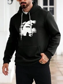 Manfinity Homme Men's Figure Print Long Sleeve Drawstring Hooded Sweatshirt, Autumn - Black - View 3