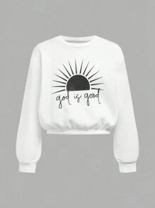 Set de 2 piezas: Sudadera cuello redondo con estampado de letras y sol + Leggings negros para niña preadolescente