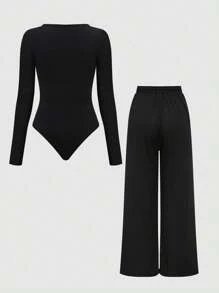 SHEIN Tall Tuta intera donna di colore unito con maniche lunghe e pantaloni, completo casual a 2 pezzi, autunnale - nero - Visualizzare 2