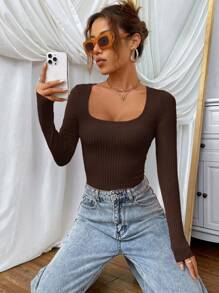 SHEIN EZwear 1pc Women Square Collar Fitted Ribbed Long Sleeve Tee Shirt, Autumn