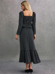 Poéselle Black And White Polka-Dot Two-Piece Set,Women Two Piece Sets,2pcs Women Autumn Elegant Polka Dot Print Ruffle Trim Top And Mini Skirt Set,Polka Dot Dress Set,Vintage Set, Effortless Chic Essential ,Elegant And Stylish, Suitable For Everyday, Street, Commute, Tea Break And Other Occasions To Wear