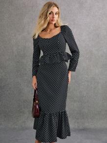 Poéselle Black And White Polka-Dot Two-Piece Set,Women Two Piece Sets,2pcs Women Autumn Elegant Polka Dot Print Ruffle Trim Top And Mini Skirt Set,Polka Dot Dress Set,Vintage Set, Effortless Chic Essential ,Elegant And Stylish, Suitable For Everyday, Street, Commute, Tea Break And Other Occasions To Wear