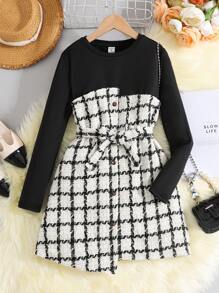 Tween Girls Casual Splice Colorblock Round Neck Pullover Long Sleeve Dress - Black - View 1