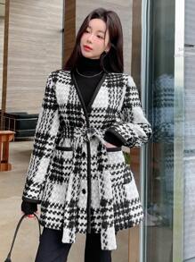 DAZY 1 pezzo Giacca semplice con tasche e maniche lunghe con laccio frontale per donna, abbigliamento casual quotidiano, cappotto a quadri per donna in autunno - Grigio - Visualizzare 8