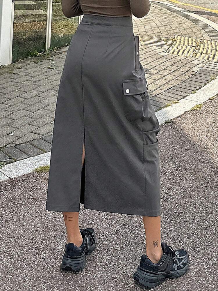 Women Casual Street Chic Solid Color Flap Pocket Split Hem Work Skirt,Fall Clothes Leather Skirt