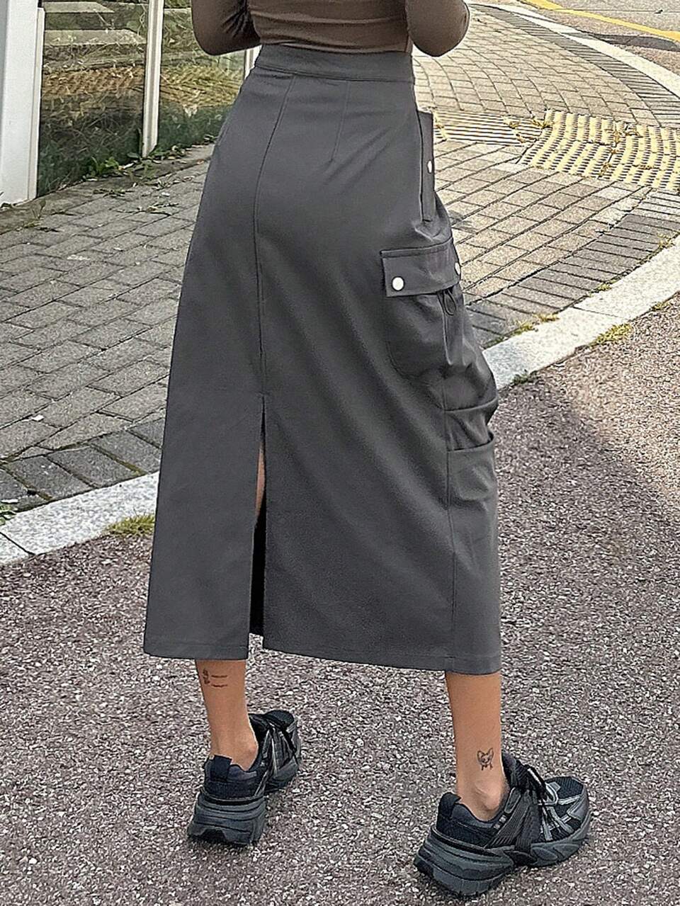 Women Casual Street Chic Solid Color Flap Pocket Split Hem Work Skirt,Fall Clothes Leather Skirt