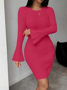 Chiquease Solid Color Round Neck Fitted Elegant Long Sleeve Sweater Dress Fall Cloth For Women - Hot Pink - View 7