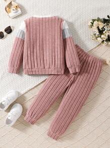SHEIN Elladie kids 2件組少女圓領抓絨套頭衫（附肘部補丁）與鬆緊腰長褲，黑色校園秋季款 - 藕粉色 - 查看 2