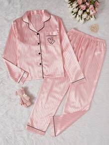 2pcs/Set Teen Girl Pajamas, Pink With Simple Stripe Pattern And Heart Print In Soft Fabric, Long Pants And Long Sleeve Top