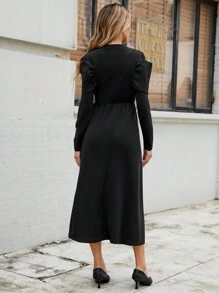 Calvaya Dames Modieuze Mesh Super Bow Ronde Hals Getailleerde Zwarte Lange Mouw Splice Design Taille Uitlopende Zoom Jurk