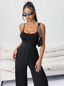 SHEIN PETITE 1 件休闲连体裤，配阔腿裤，无袖，阔腿风格 - 黑色 - 查看 6