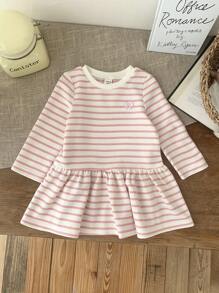 SHEIN LMoss Kids LMoss Baby Girl Babygirl Cute Knit Striped Long Sleeve Dress, Autumn/Winter