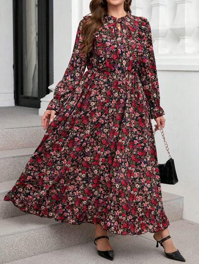 SHEIN Clasi Plus Size Women Fall Ditsy Floral Long Sleeve Cinched Waist Dress, Suitable For Teachers,Beach Dress Sundress,Holiday Outfits Boho