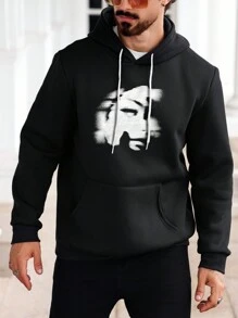 Manfinity Homme Men's Figure Print Long Sleeve Drawstring Hooded Sweatshirt, Autumn - Black - View 4