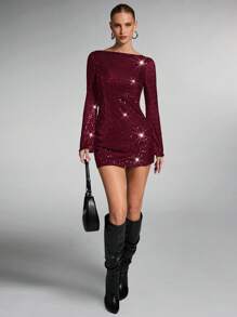 SHEIN BAE Women's Backless Shiny Sequin Mini Dress,Burgundy,Autumn,70s,Night Out,Party Gorgeous Long Bell Sleeve Homecoming Disco Club Wear Halloween - Burgundy - View 3