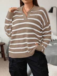 Flirla Plus Size Women French Style Striped Turn-Down Collar Pullover Knit Sweater For Autumn, For Winter - Khaki - View 3