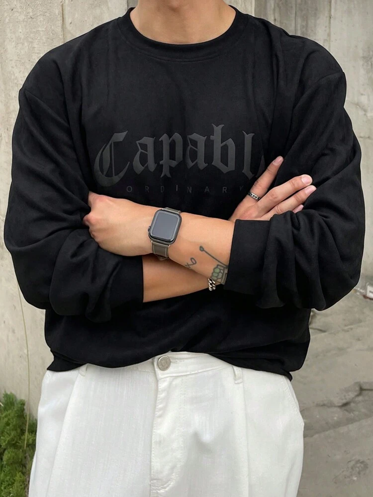 1pc Men's Casual Letter Print Round Neck Long Sleeve T-Shirt, Black, Autumn,Graphic Tees